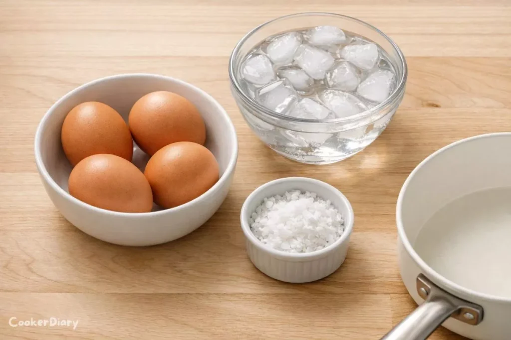 Flat-lay of eggs, ice, and salt for jammy eggs recipe.