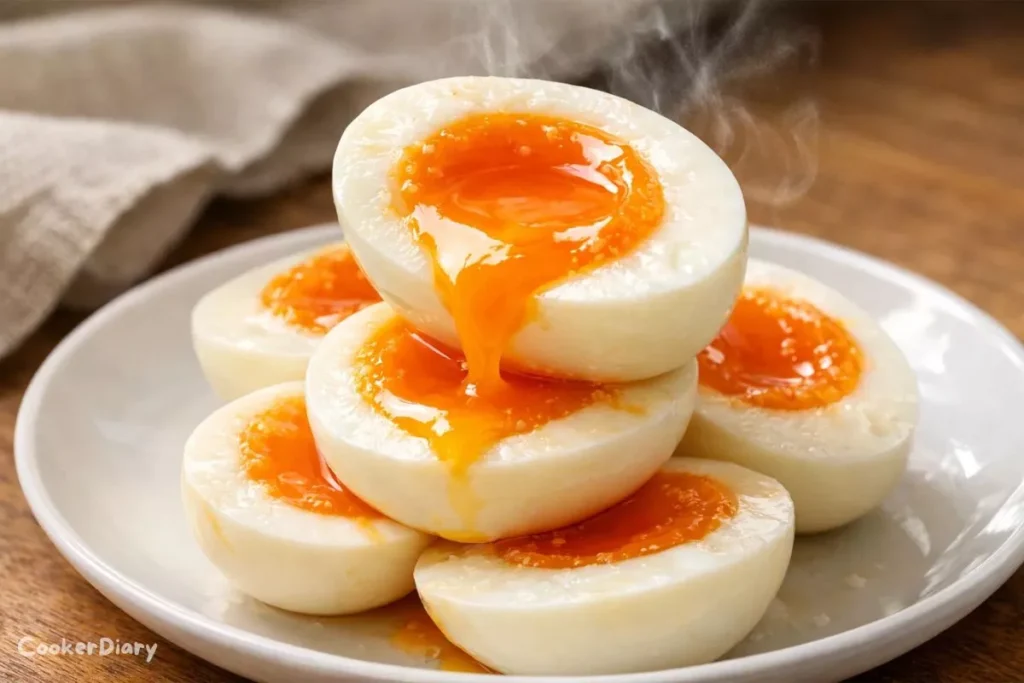Angled close-up of jammy eggs showing creamy yolk texture.