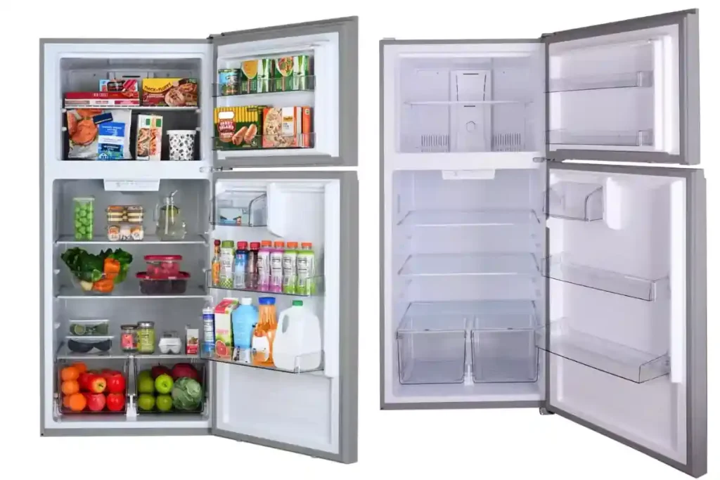 Interior of a Kenmore refrigerator, showcasing organized shelves, fresh produce, and beverages.