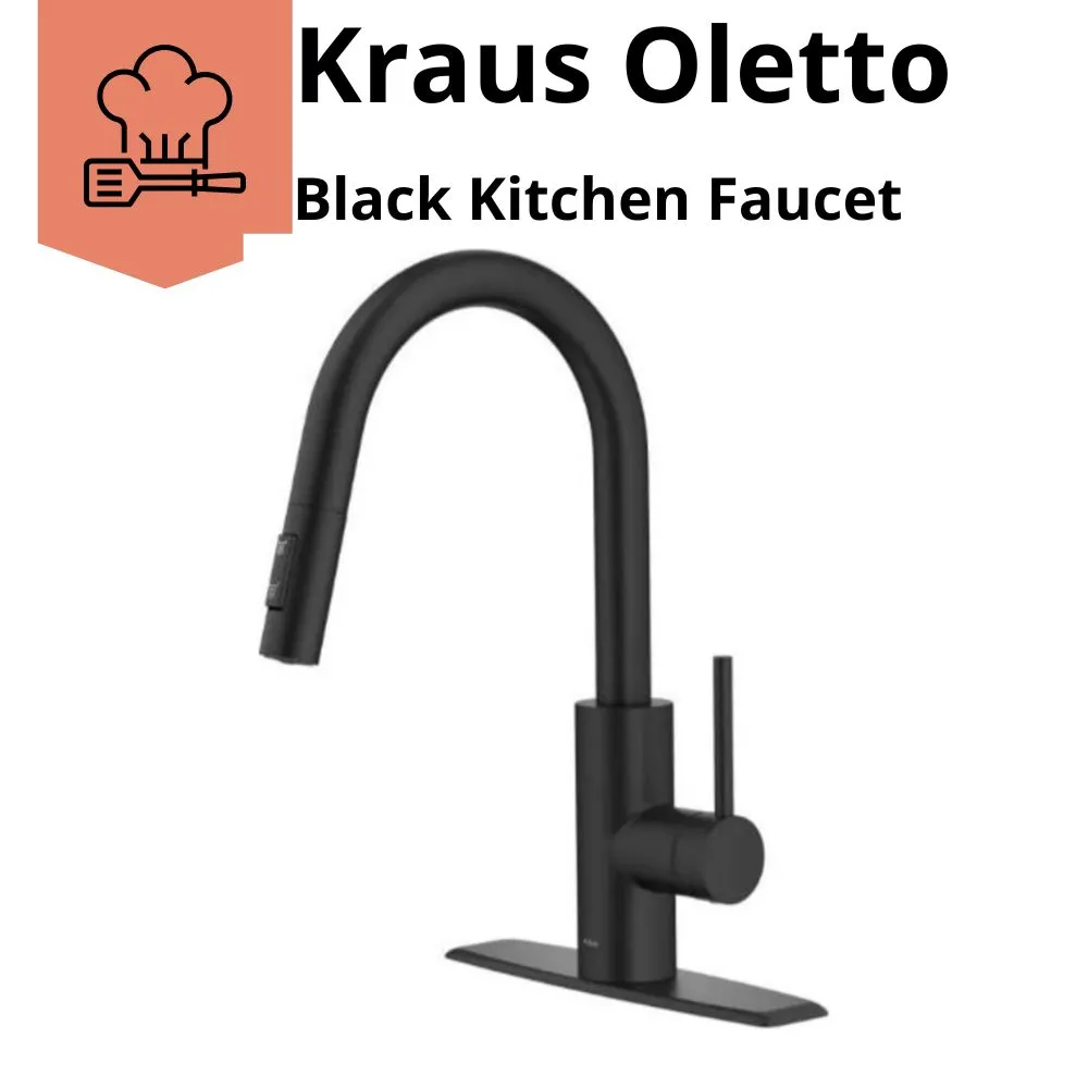 Kraus Oletto Matte Black Kitchen Faucet with sleek design and pull-down sprayer in a modern kitchen.