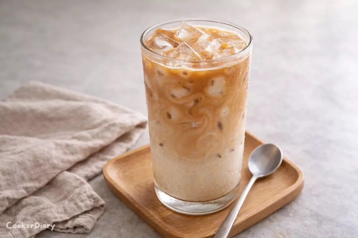 Angled close-up of iced latte showing layered espresso, milk textures, and ice cubes in clear glass.