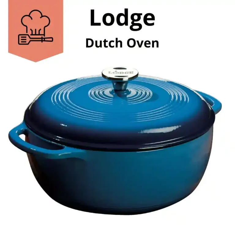 A classic black Lodge Dutch oven placed on a wooden table, perfect for slow-cooking and baking.