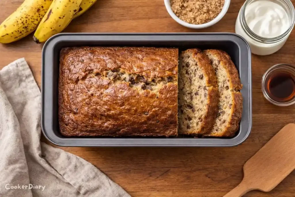 Top-down view of moist banana bread in a gray loaf pan with slices revealing soft crumb.