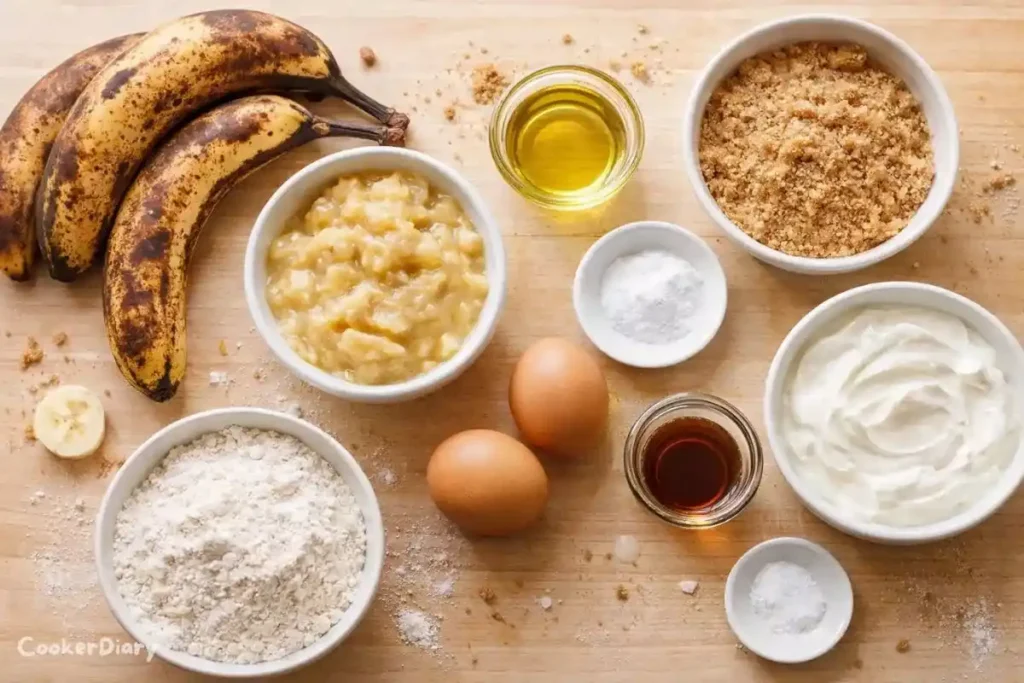 Flat-lay of bread ingredients arranged on a wooden countertop.