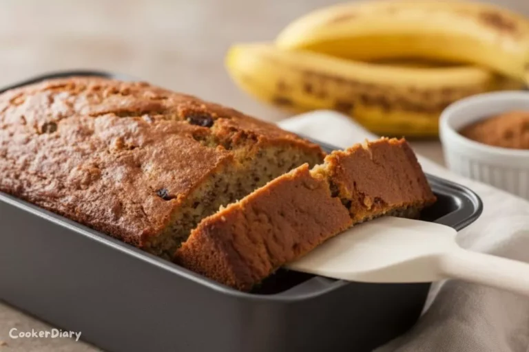 Angled close-up of banana bread in gray pan with a slice lifted to show moist interior.