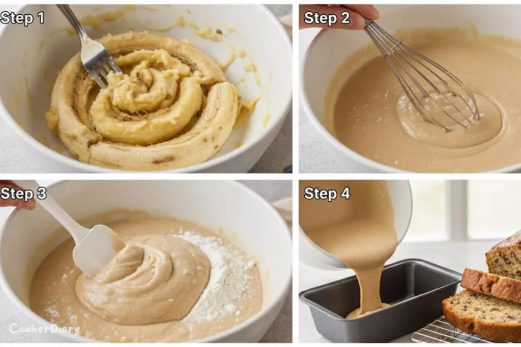 Four-step composite showing how to make moist banana bread from mashing to baking.