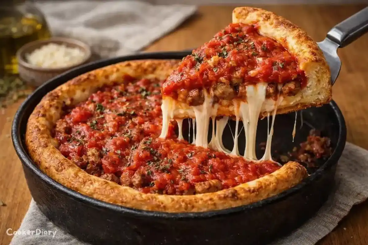 Angled close-up of a slice of Chicago deep dish pizza.