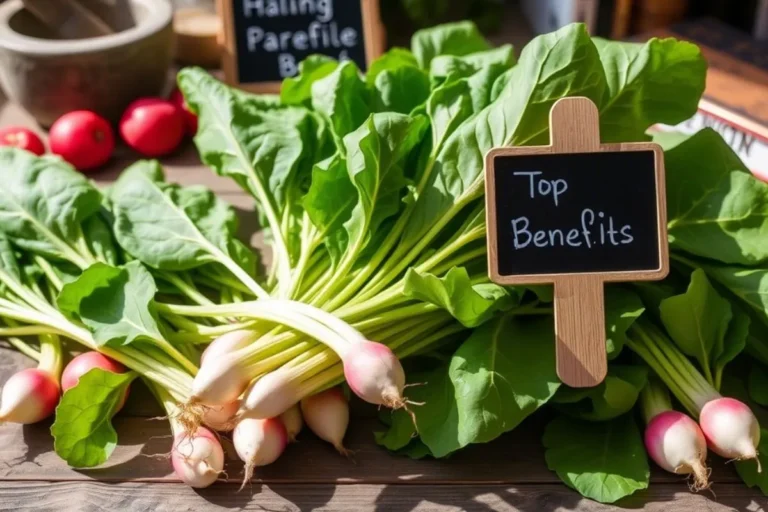 Fresh radish leaves on a wooden board, rich in nutrients and known for their impressive health benefits.