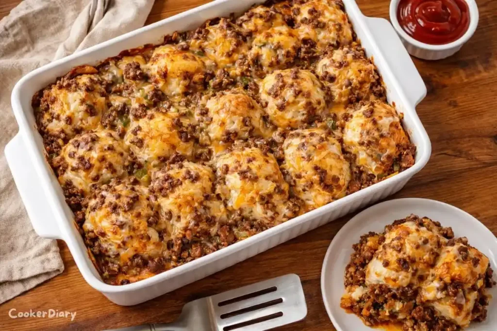 Top-down view of Sloppy Joe Biscuit Casserole in white baking dish with one portion plated.