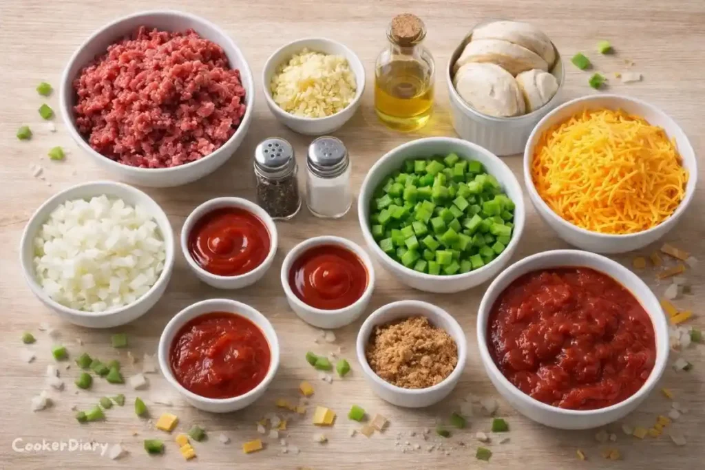 Flat-lay of ingredients for Sloppy Joe Biscuit Casserole on wooden countertop.