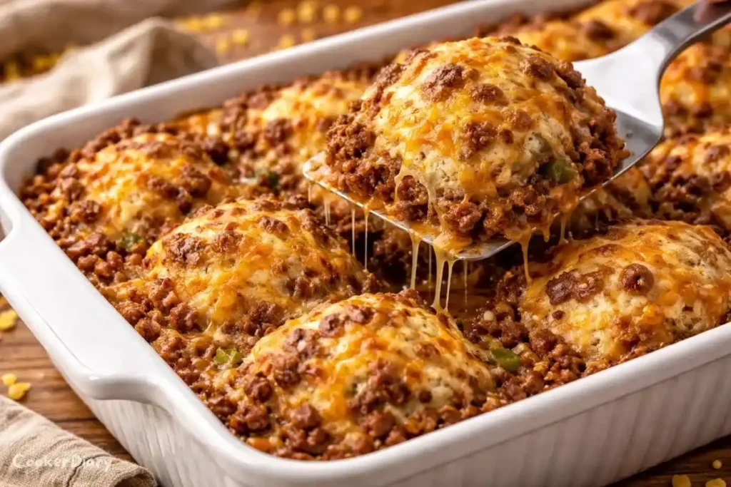 Angled close-up of Sloppy Joe Biscuit Casserole with portion lifted to show beef and cheese layers.