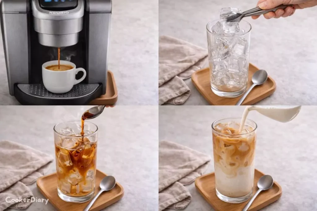 Four step visual guide showing brewing espresso, adding ice, pouring espresso and syrup, and mixing milk into iced latte.