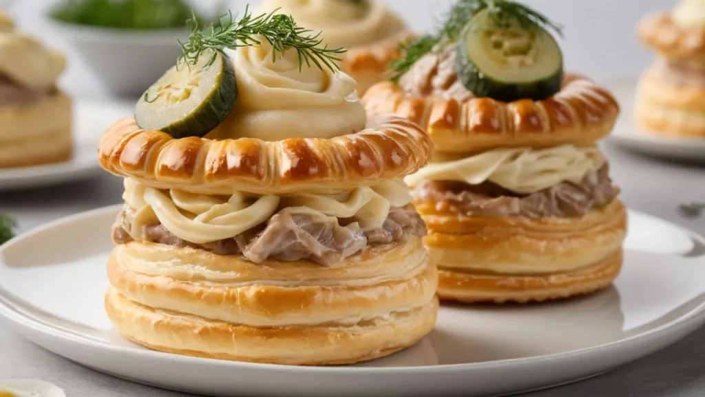 Flaky puff pastry shells filled with creamy savory filling, garnished with fresh herbs.