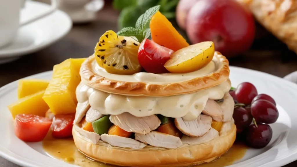 Chicken Vol-au-vent recipe served with roasted vegetables and topped with fresh fruits.