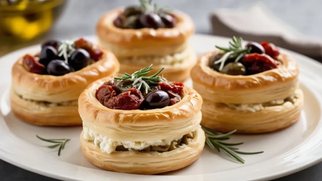 Vol-au-vent filled with Kalamata olives, sun-dried tomatoes, and tangy goat cheese, garnished with fresh herbs.