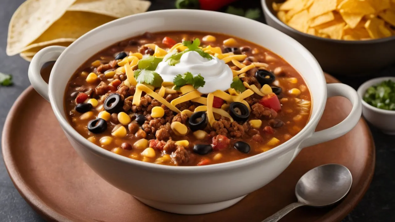 Taco Soup Frios served in a bowl with toppings.