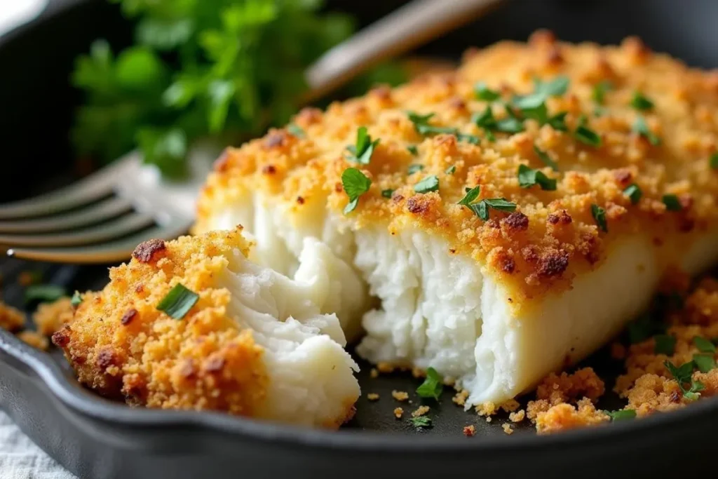 Baked tilapia fillet with a crispy parmesan and herb crust, served in a black dish with a fork and fresh parsley garnish.