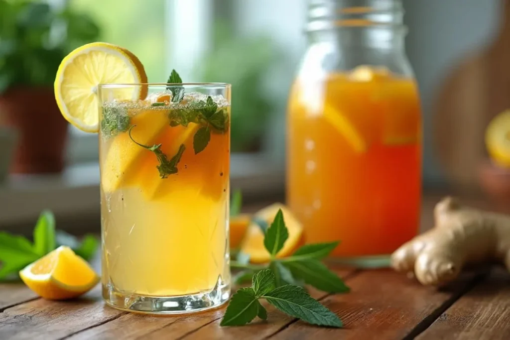 A vibrant homemade Kombucha recipe with a glass of kombucha, brewing jar, and key ingredients like green tea, ginger, and lemon.