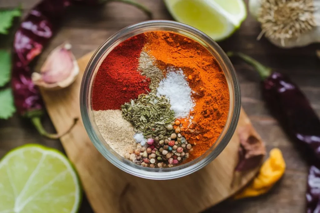 A bowl of homemade chicken taco seasoning with vibrant spices on a rustic wooden surface, surrounded by dried chili peppers, garlic, and lime wedges.