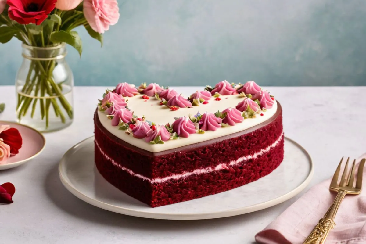 Heart-shaped cake decorated with colorful edible flowers and piped frosting details.