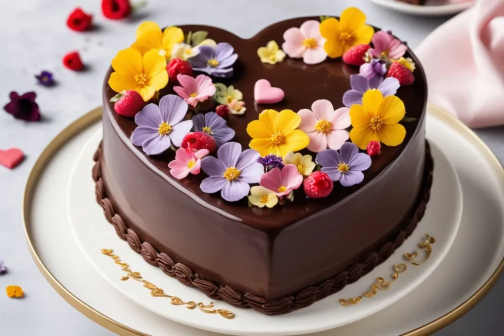 A chocolate cake with smooth frosting and decorative piping.