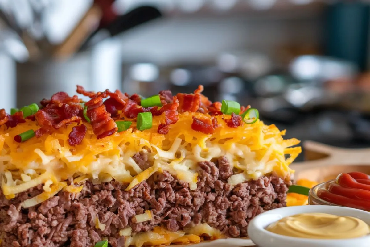 A serving of Hamburger Hashbrown Casserole on a plate, accompanied by ketchup and mustard on the side.