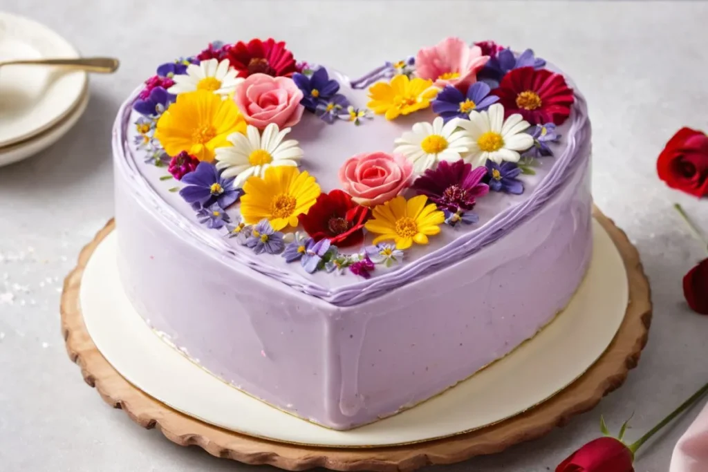 Enjoy a dish decorated with edible flowers and glossy frosting for Valentine's Day.