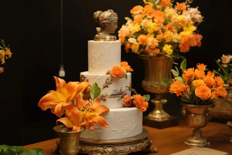 Rustic two-tier naked cake with white buttercream, adorned with pastel flowers and succulents, displayed on a wooden slab.
