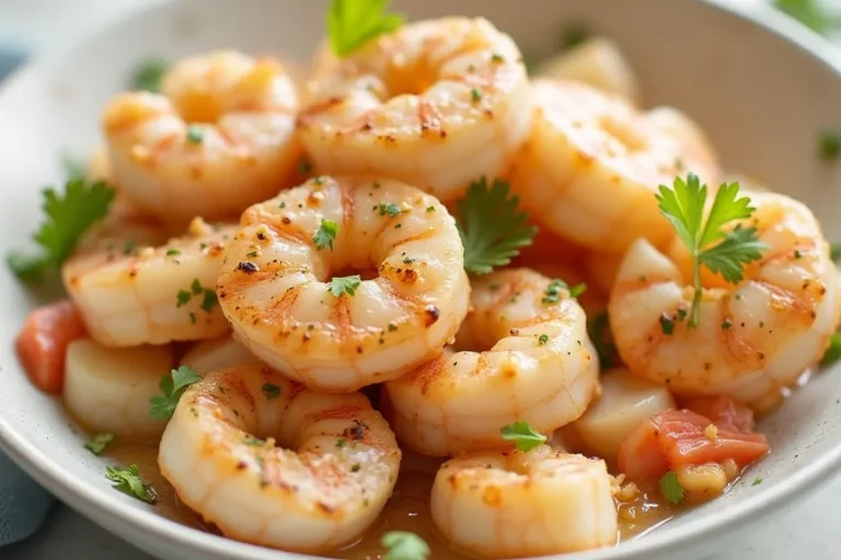 A delicious Shrimp and Scallop dish garnished with herbs and served on a white plate.