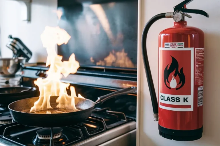 Class K fire extinguisher in a kitchen setting near a stove, emphasizing safety during grease fires.