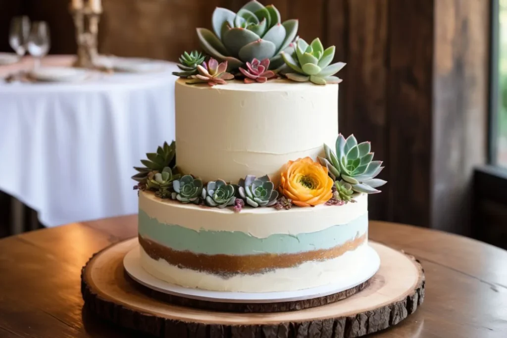 Rustic two-tier naked cake with white buttercream, adorned with pastel flowers and succulents, placed on a wooden slab.
