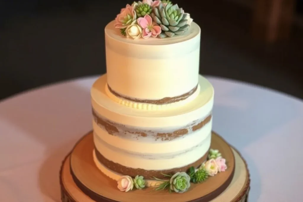 Two-tier rustic naked cake with white buttercream frosting, decorated with pastel roses and succulents, placed on a wooden slab.