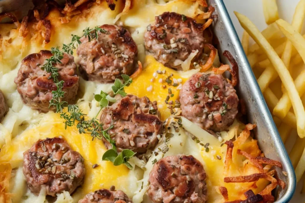 A freshly baked Hamburger Hashbrown Casserole in a casserole dish, topped with golden, melted cheese and garnished with herbs.