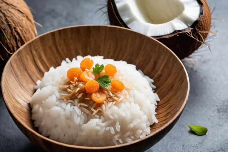 Delicious coconut sticky rice topped with ripe mango slices on a rustic wooden plate, garnished with sesame seeds and a drizzle of coconut milk.