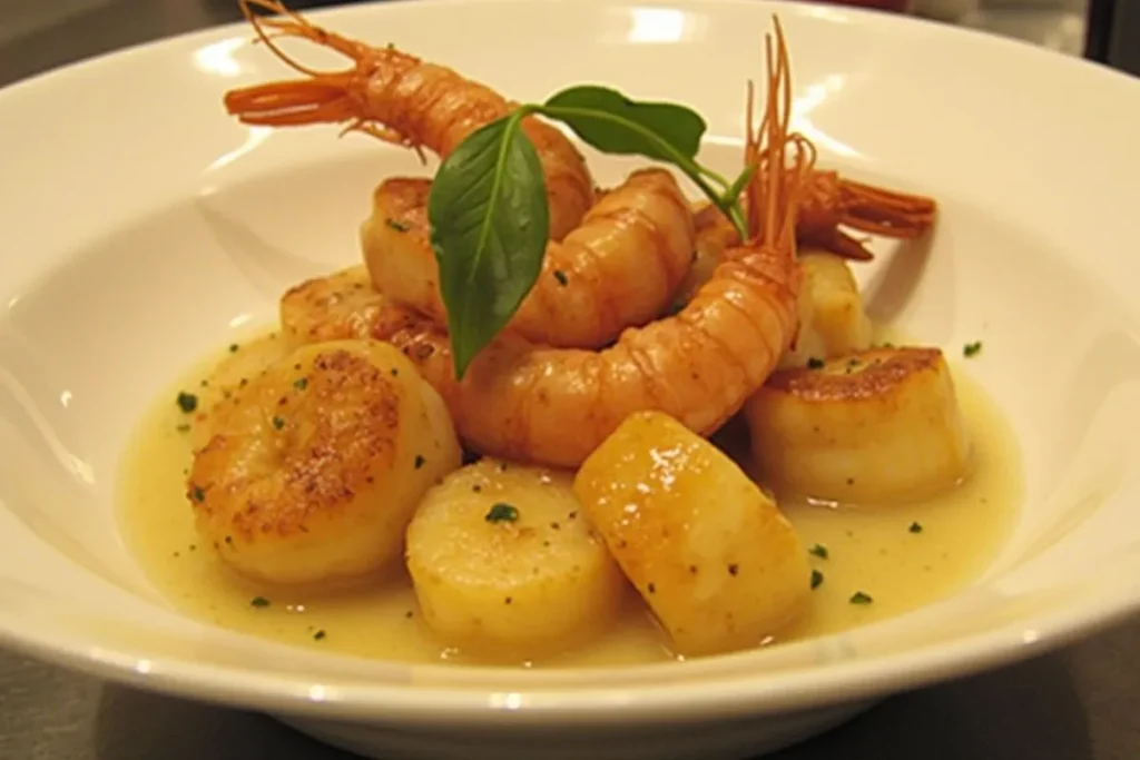 Sizzling Shrimp and Scallops with a buttery sauce, garnished with fresh herbs.
