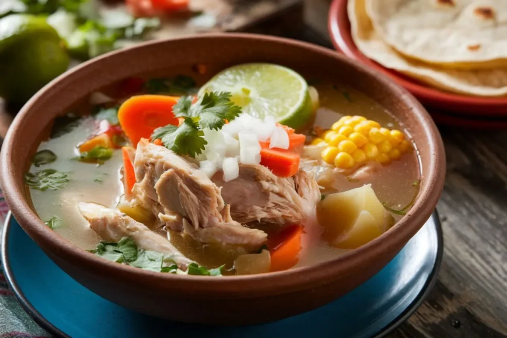 Bowl of caldo de pollo with tender chicken, vegetables, and fresh garnishes, served with tortillas.