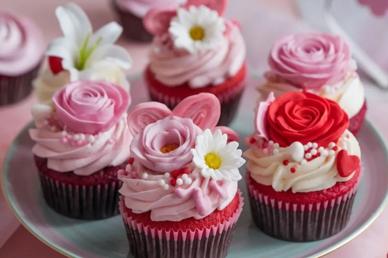 Valentine’s Day Flower Cupcakes with pink, red, and white frosting, decorated with roses and heart-shaped accents.
