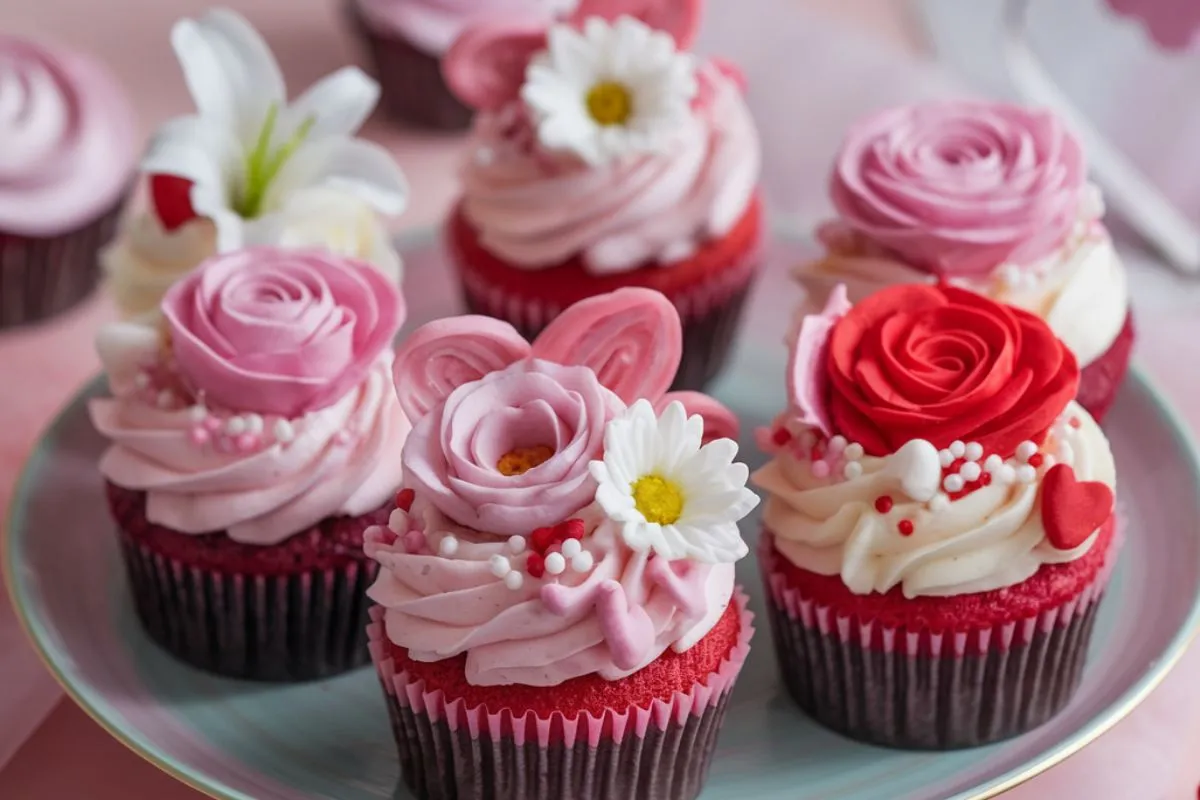 Valentine’s Day Flower Cupcakes with pink, red, and white frosting, decorated with roses and heart-shaped accents.