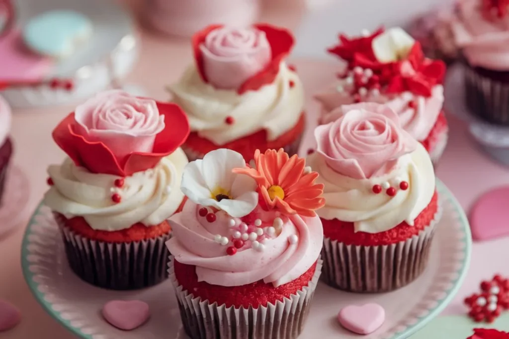 Heart-shaped and floral decorated cupcakes in pink, red, and white for Valentine’s Day.