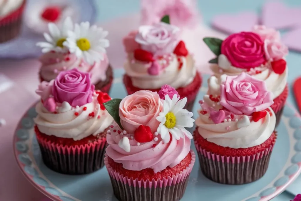 Elegant Valentine’s Day cupcakes topped with floral designs and heart-shaped decorations.