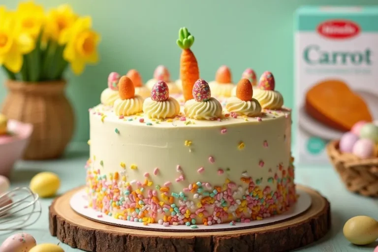 A festive Easter carrot cake made with boxed mix, topped with cream cheese frosting, pastel sprinkles, mini chocolate eggs, and a fondant carrot. The cake sits on a rustic wooden table surrounded by spring decor, including daffodils, painted Easter eggs, and a ceramic bunny, with a carrot cake mix box visible in the background.
