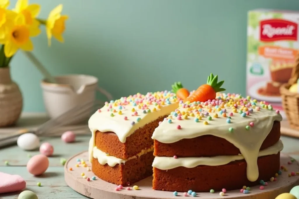 A homemade carrot cake with a moist texture, topped with creamy frosting and garnished with chopped walnuts and grated carrots.