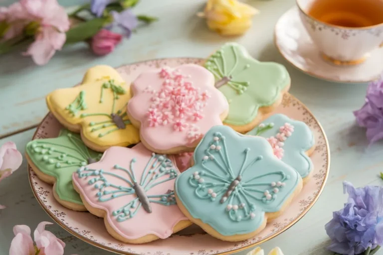 A plate of pastel-colored spring sugar cookies decorated with floral and butterfly icing designs, placed on a rustic wooden table with fresh flowers and a cup of tea.