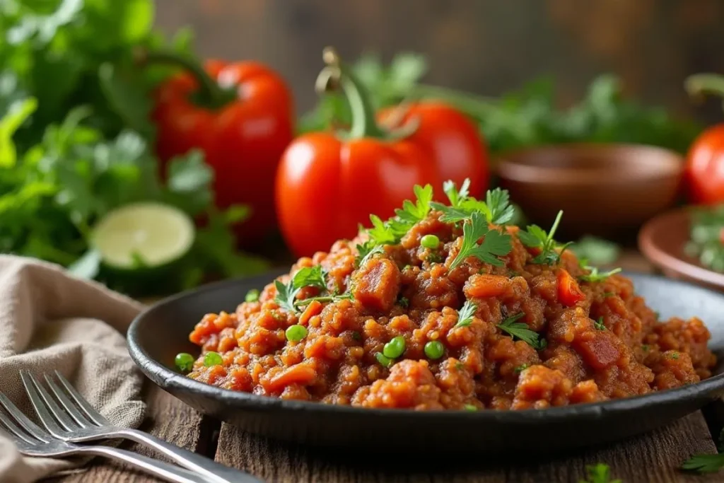 Puerto Rican Picadillo served on a plate with a side of rice, garnished with olives and cilantro.