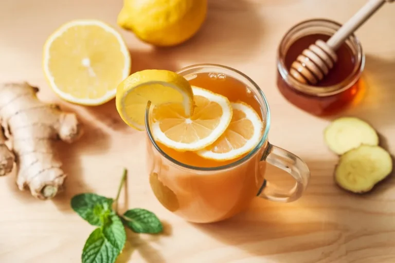 A warm Natural Mounjaro recipe in a glass mug with lemon slices, ginger, and honey on a wooden surface.