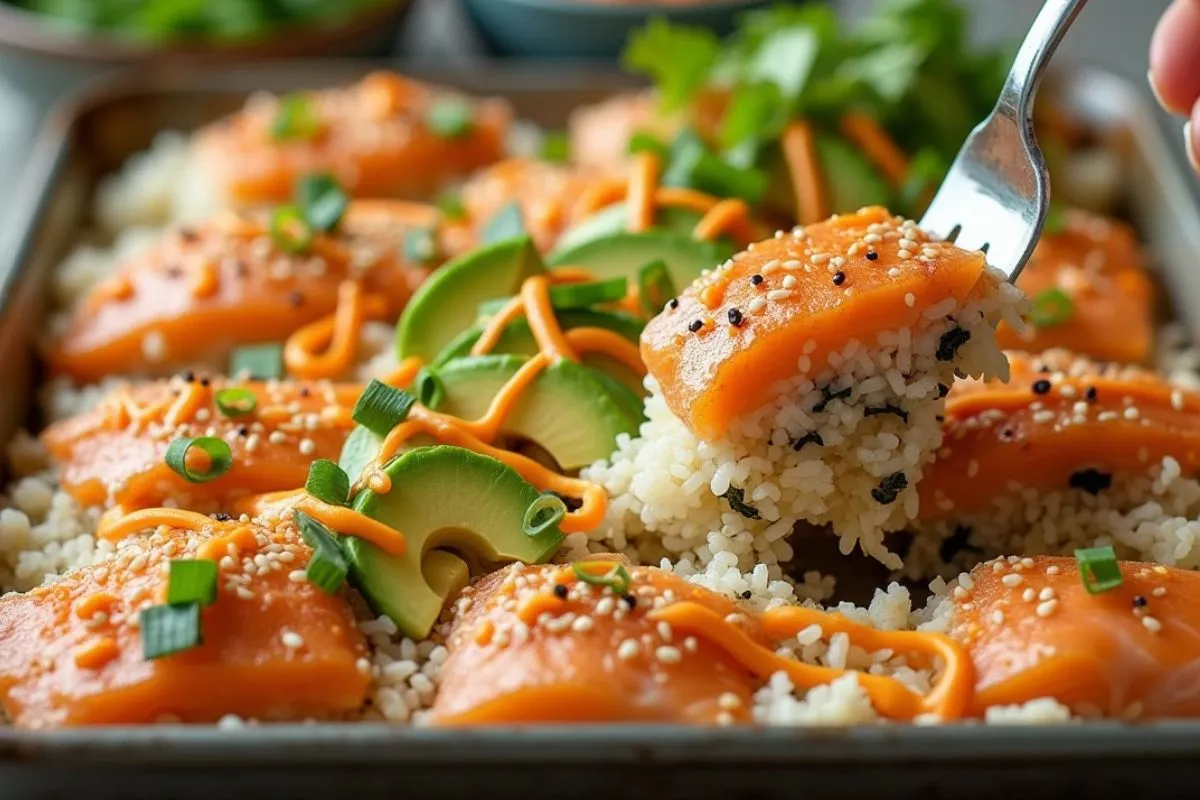 Delicious Salmon Sushi Bake casserole, topped with creamy sauce and crispy edges.