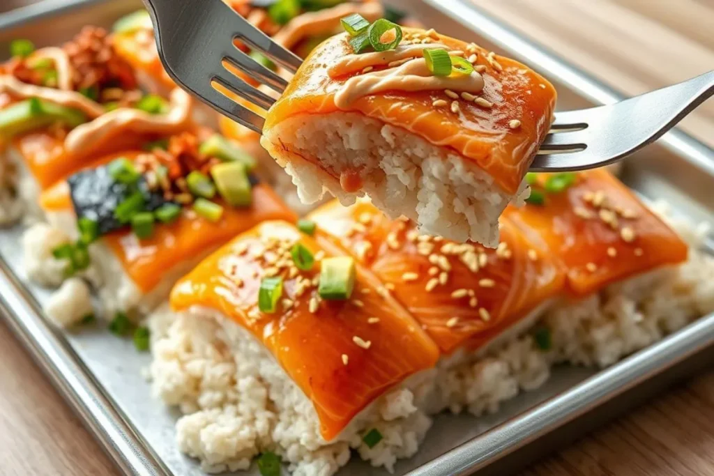 Savory Salmon Sushi Bake casserole with golden, crispy topping and creamy texture.