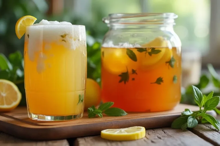 A refreshing homemade Kombucha recipe with a glass of kombucha, brewing jar with tea leaves, and ingredients like green tea, sugar, and ginger.