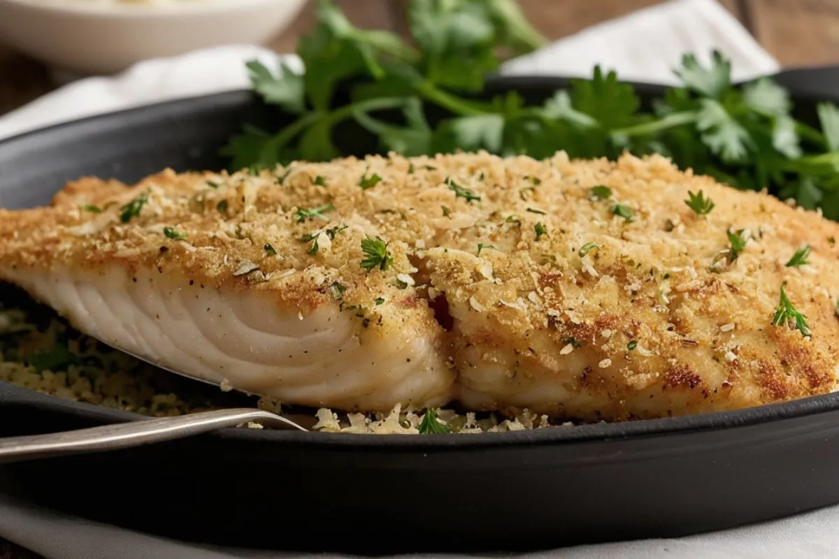 A crispy, golden-brown parmesan and herb-crusted tilapia fillet in a black baking dish with a fork and fresh parsley garnish.