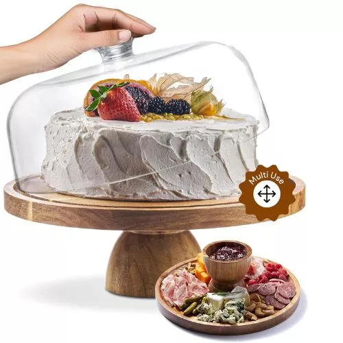 Acacia Wood Valentine Cake Stand with Dome Lid.